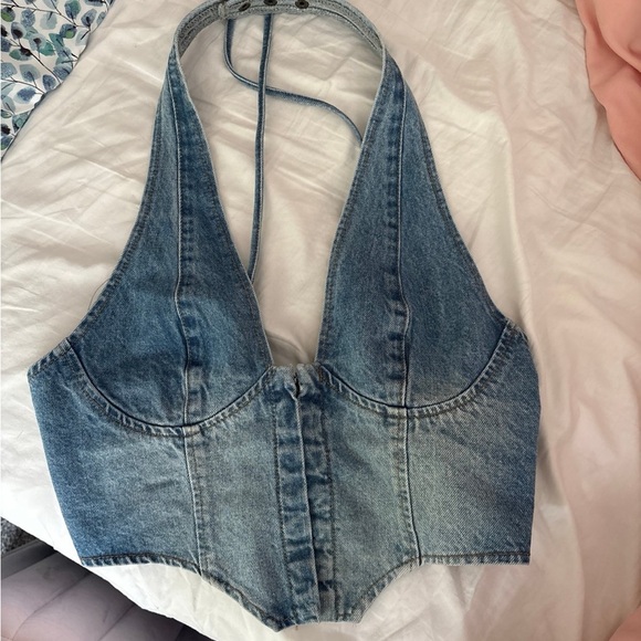 Edikted Blue Denim Crop Top - Picture 1 of 5